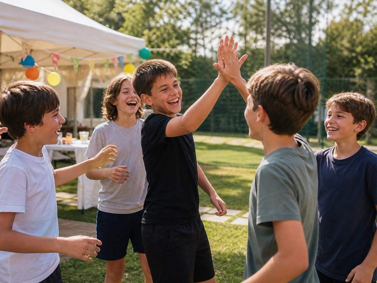 Bambini che ridono e festeggiano insieme all'aperto